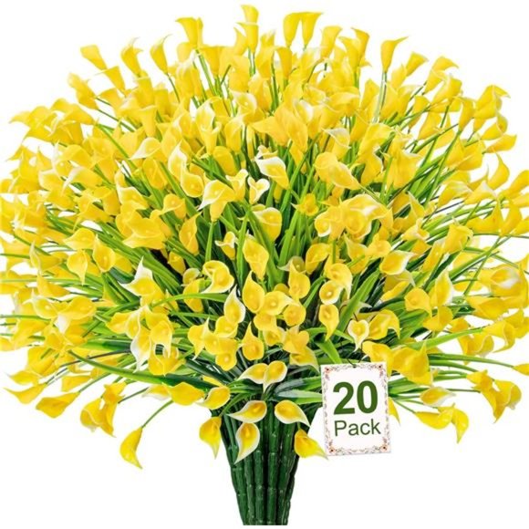 20 Bundles Artificial Flowers for Outdoors Fake Calla Lily Flowers, Yellow - Picture 2 of 7